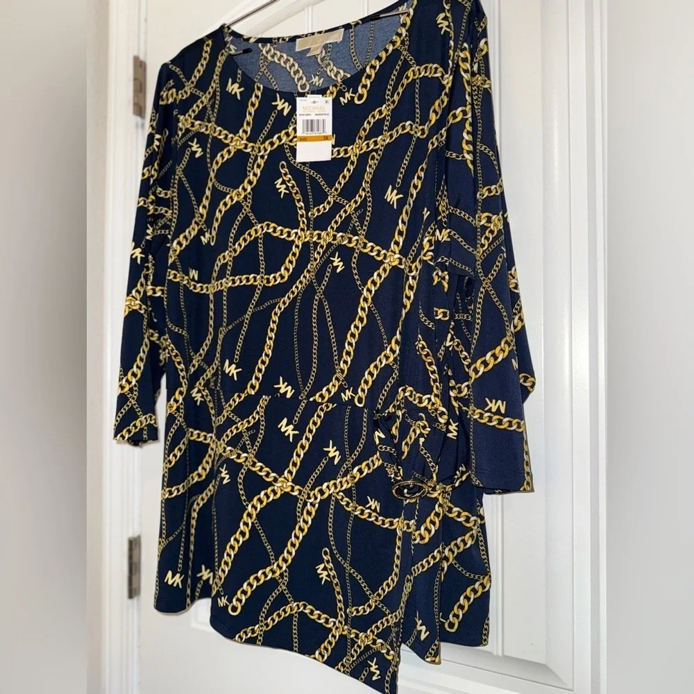 Michael Kors Black and Gold Chain Print Blouse New Plus 3x